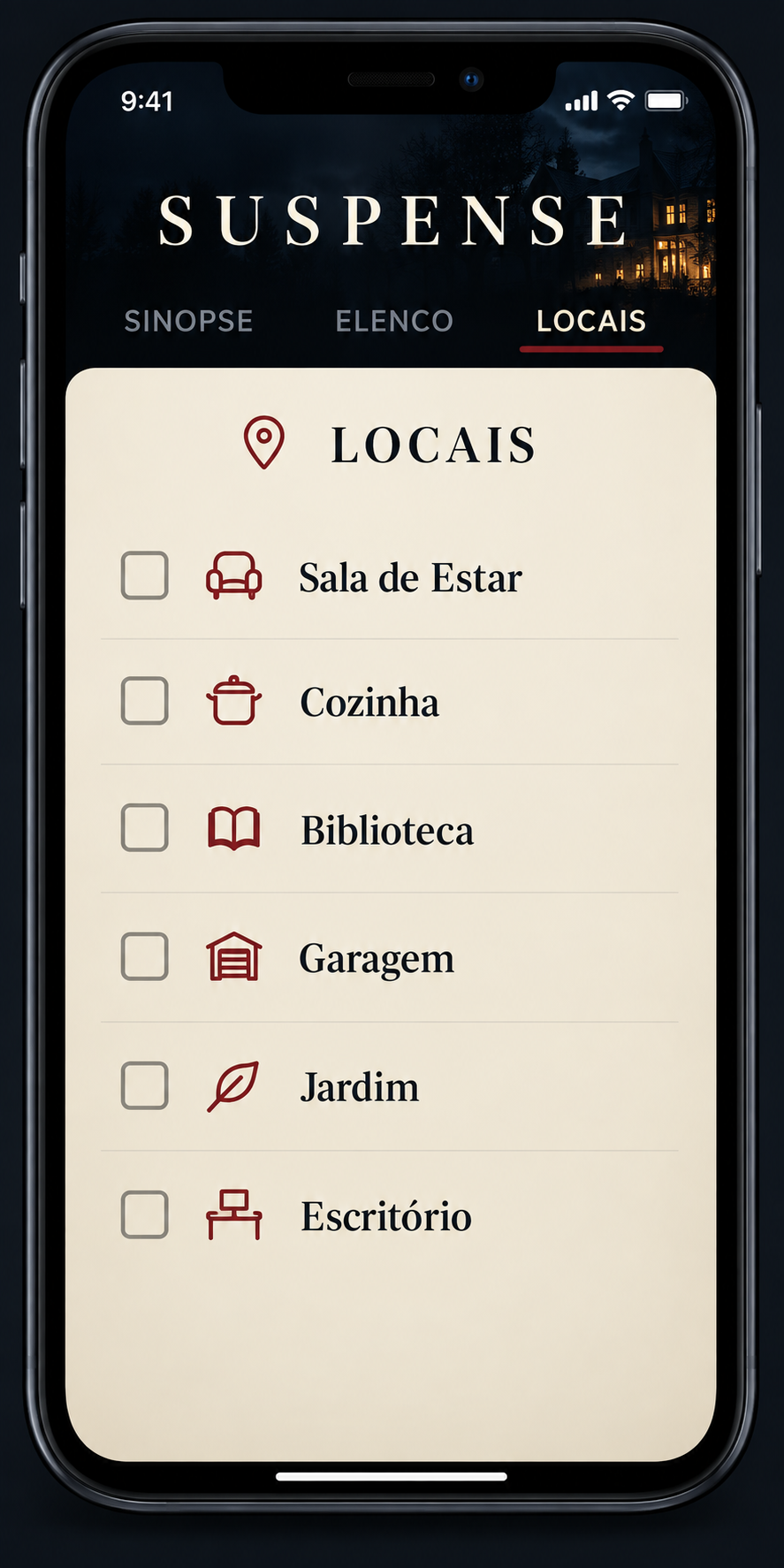 Tela do app Suspense - locais