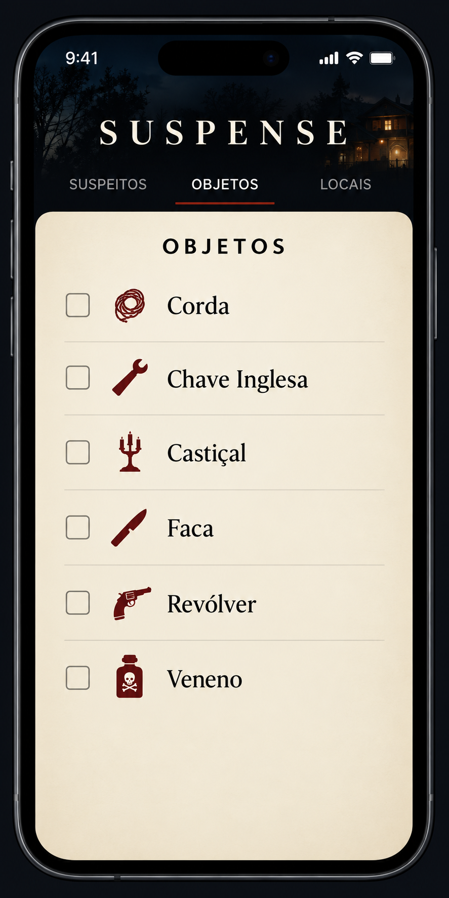 Tela do app Suspense - objetos