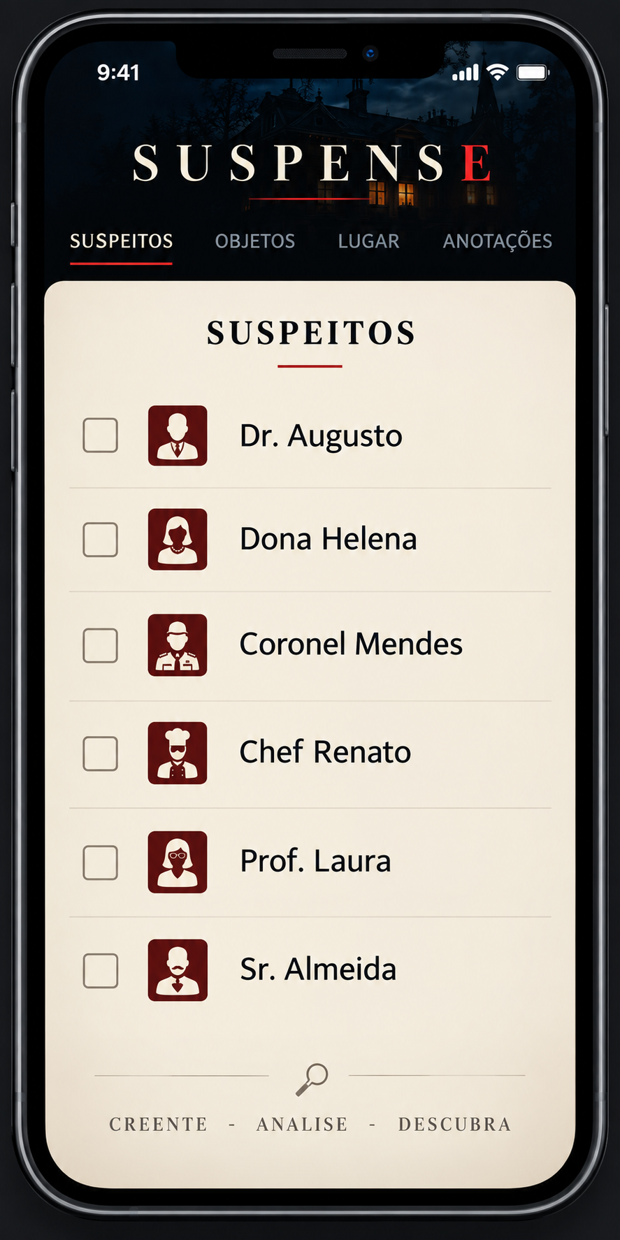 Tela do app Suspense - suspeitos
